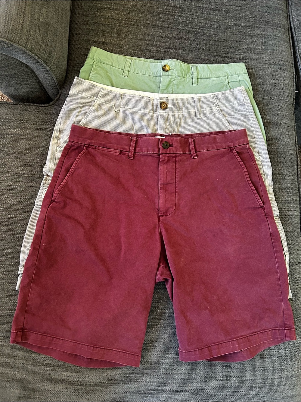 Men's Shorts Bundle- Burgundy, Sage Green, Grey Stripe, sz 34